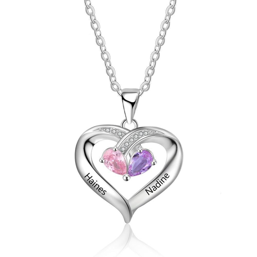 925 Silver Heart Pendant for Women, Two Personalized Birthstones & Name Engravings Necklace - Personalized Jewel