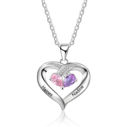 925 Silver Heart Pendant for Women, Two Personalized Birthstones & Name Engravings Necklace - Personalized Jewel