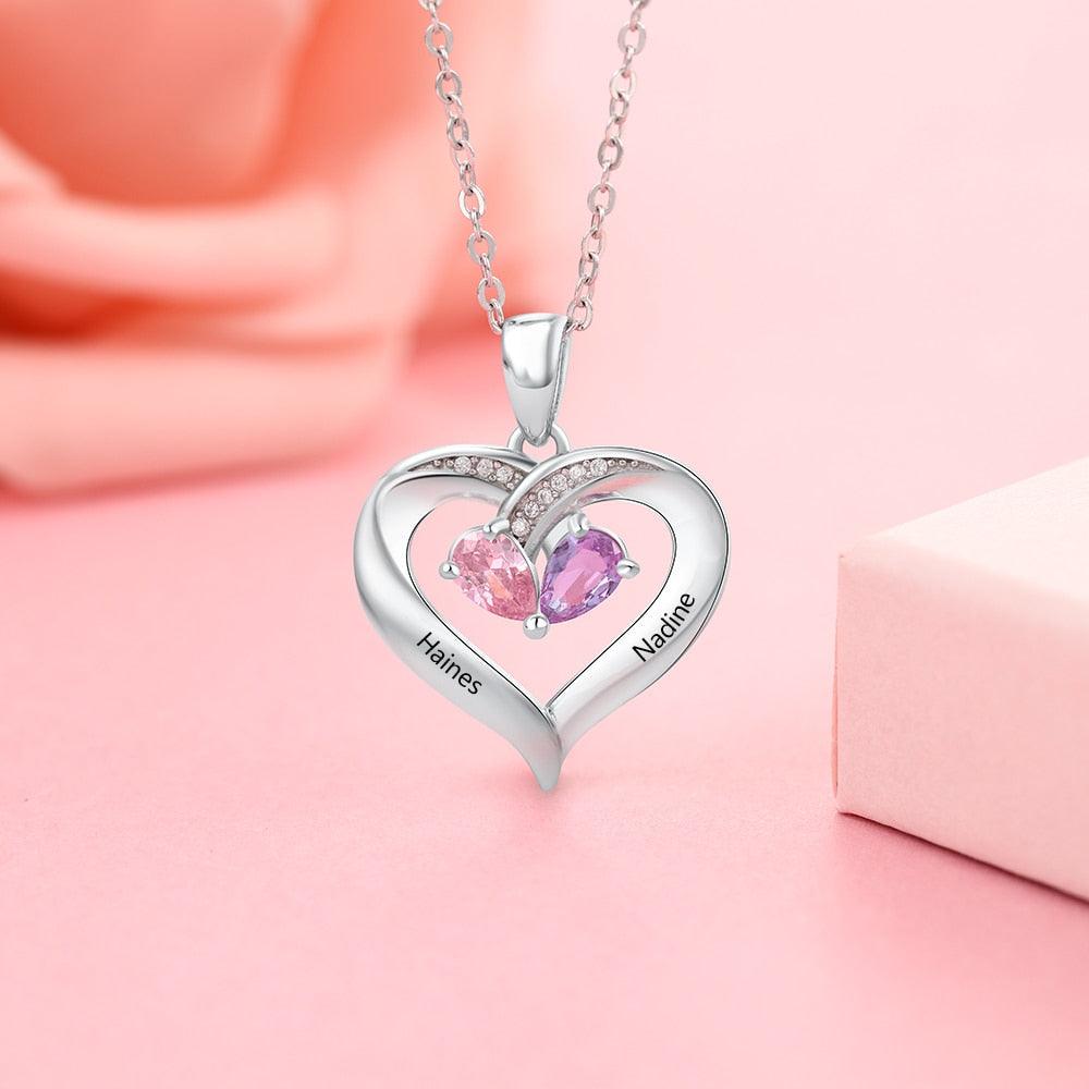 925 Silver Heart Pendant for Women, Two Personalized Birthstones & Name Engravings Necklace - Personalized Jewel
