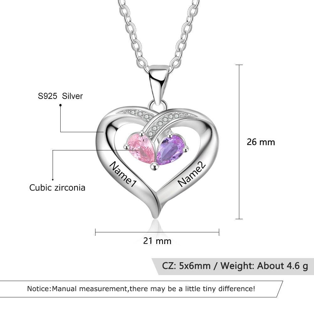 925 Silver Heart Pendant for Women, Two Personalized Birthstones & Name Engravings Necklace - Personalized Jewel