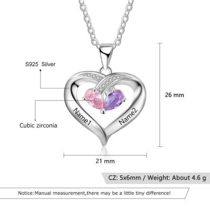 925 Silver Heart Pendant for Women, Two Personalized Birthstones & Name Engravings Necklace - Personalized Jewel
