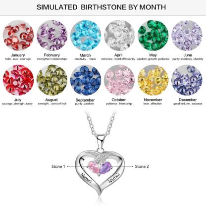 925 Silver Heart Pendant for Women, Two Personalized Birthstones & Name Engravings Necklace - Personalized Jewel
