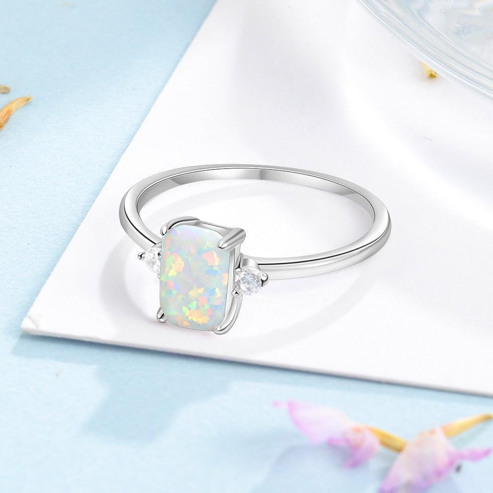 Sterling Rectangular Silver Ring Classy White Opal Ring-Personalized Jewels