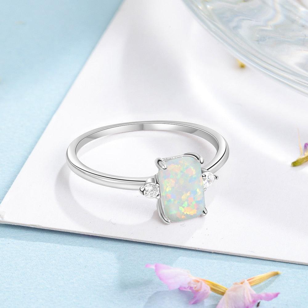 Sterling Rectangular Silver Ring Classy White Opal Ring-Personalized Jewels