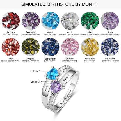 925 Sterling Silver 2 Heart Birthstone Ring Personalized with Custom Engrave Names for Her - Personalized Jewel