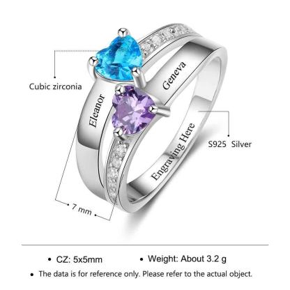 925 Sterling Silver 2 Heart Birthstone Ring Personalized with Custom Engrave Names for Her - Personalized Jewel