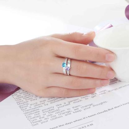 925 Sterling Silver 2 Heart Birthstone Ring Personalized with Custom Engrave Names for Her - Personalized Jewel