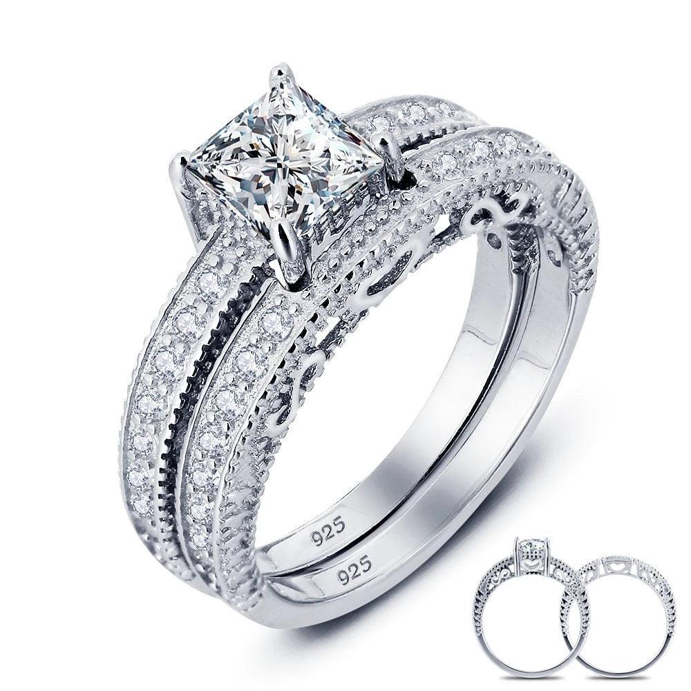 925 Sterling Silver 6mm Square Cubic Zirconia Stone Ring Sets, Fashion Jewelry Gift for Women - Personalized Jewel