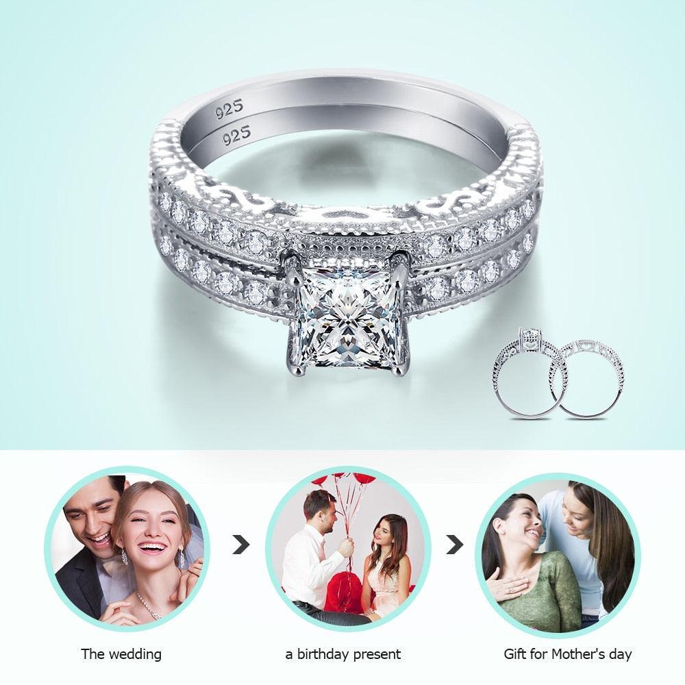 925 Sterling Silver 6mm Square Cubic Zirconia Stone Ring Sets, Fashion Jewelry Gift for Women - Personalized Jewel