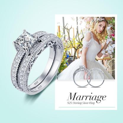 925 Sterling Silver 6mm Square Cubic Zirconia Stone Ring Sets, Fashion Jewelry Gift for Women - Personalized Jewel
