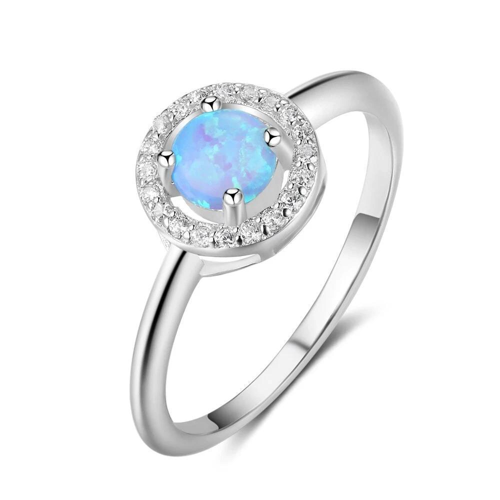 925 Sterling Silver 9mm Ring Sets with Round Blue Opal Stone, Wedding Jewelry - Personalized Jewel