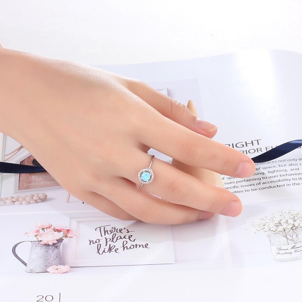 925 Sterling Silver 9mm Ring Sets with Round Blue Opal Stone, Wedding Jewelry - Personalized Jewel