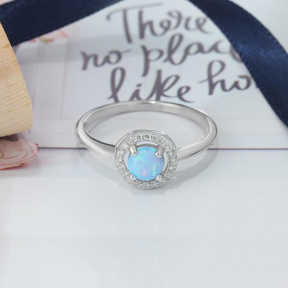 925 Sterling Silver 9mm Ring Sets with Round Blue Opal Stone, Wedding Jewelry - Personalized Jewel