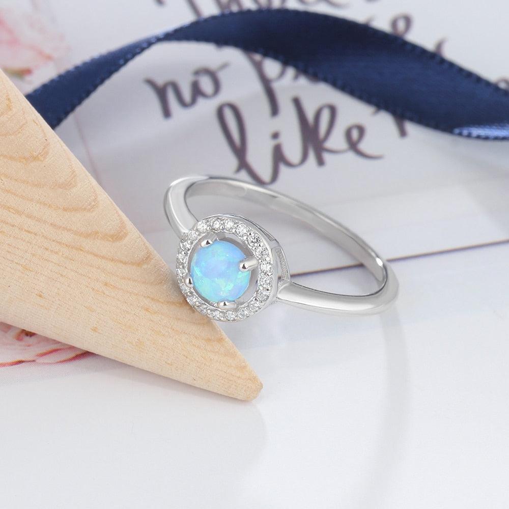 925 Sterling Silver 9mm Ring Sets with Round Blue Opal Stone, Wedding Jewelry - Personalized Jewel