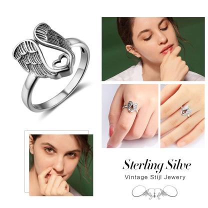 925 Sterling Silver Angel Wings with Heart Rings, Fashion Jewelry Gifts for Women - Personalized Jewel