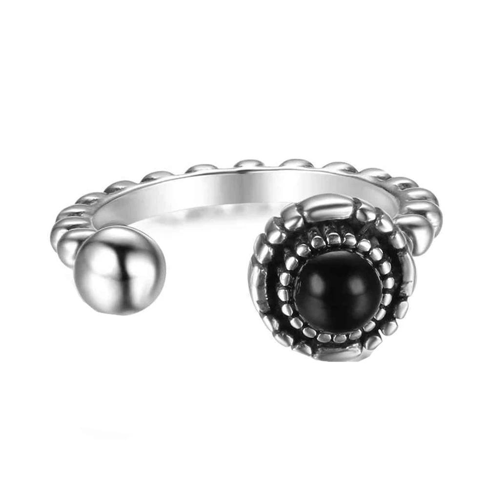 925 Sterling Silver Bead Opening with Black Simulated Pearl Vintage Ring, Fashion Jewelry Gift for Women - Personalized Jewel
