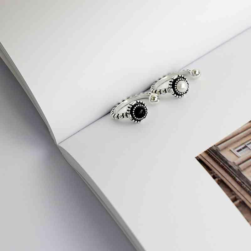 925 Sterling Silver Bead Opening with Black Simulated Pearl Vintage Ring, Fashion Jewelry Gift for Women - Personalized Jewel
