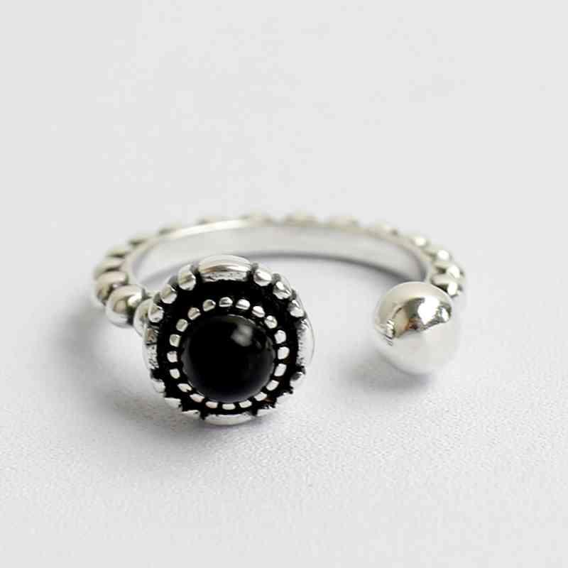 925 Sterling Silver Bead Opening with Black Simulated Pearl Vintage Ring, Fashion Jewelry Gift for Women - Personalized Jewel