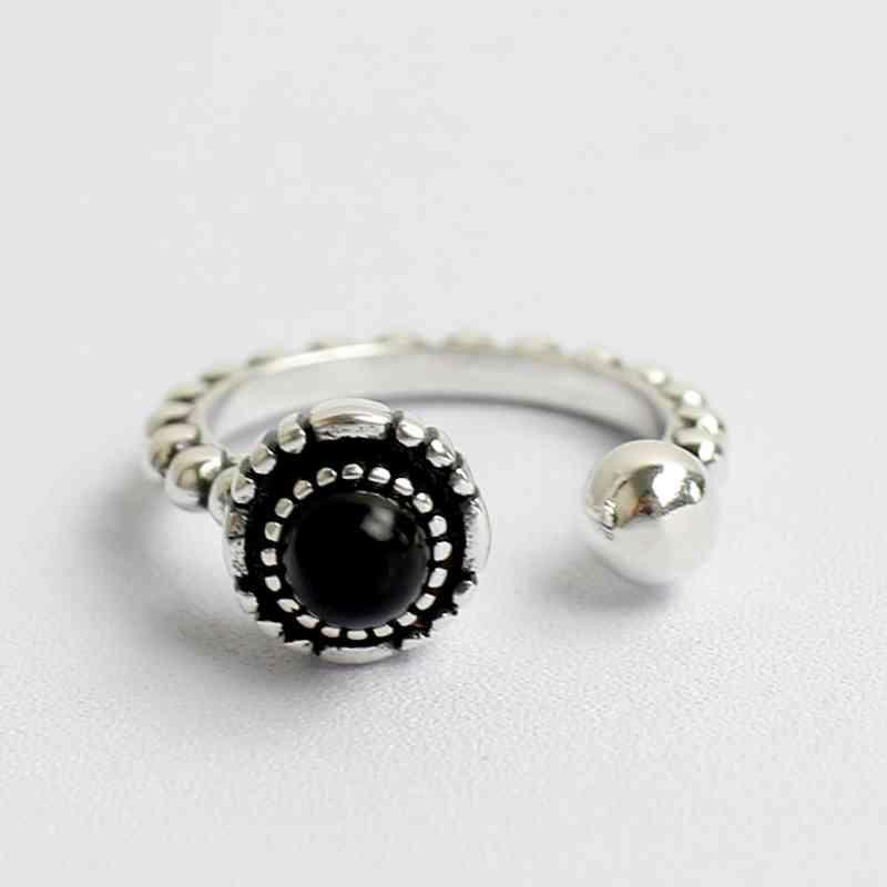 925 Sterling Silver Bead Opening with Black Simulated Pearl Vintage Ring, Fashion Jewelry Gift for Women - Personalized Jewel