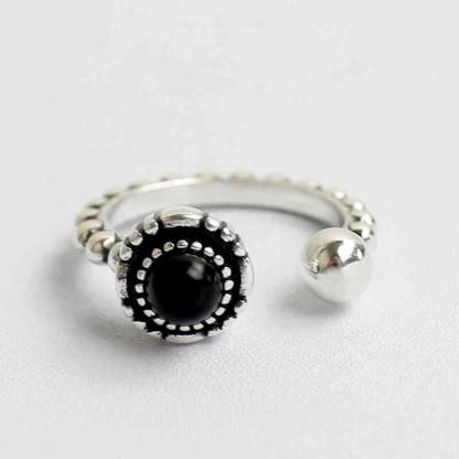 925 Sterling Silver Bead Opening with Black Simulated Pearl Vintage Ring, Fashion Jewelry Gift for Women - Personalized Jewel