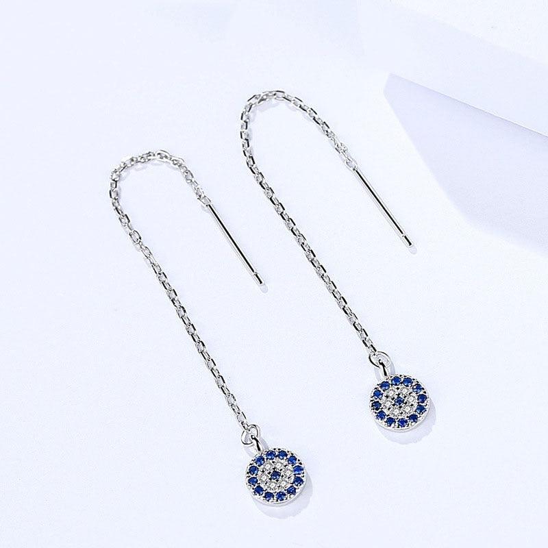 925 Sterling Silver Bicycle Tire Drop Earrings with Blue Zirconia Stones, Trendy Long Ear Piece for Women - Personalized Jewel