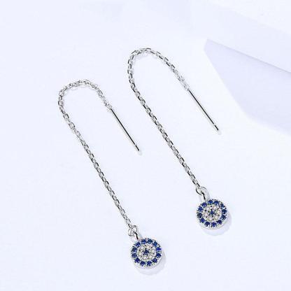 925 Sterling Silver Bicycle Tire Drop Earrings with Blue Zirconia Stones, Trendy Long Ear Piece for Women - Personalized Jewel
