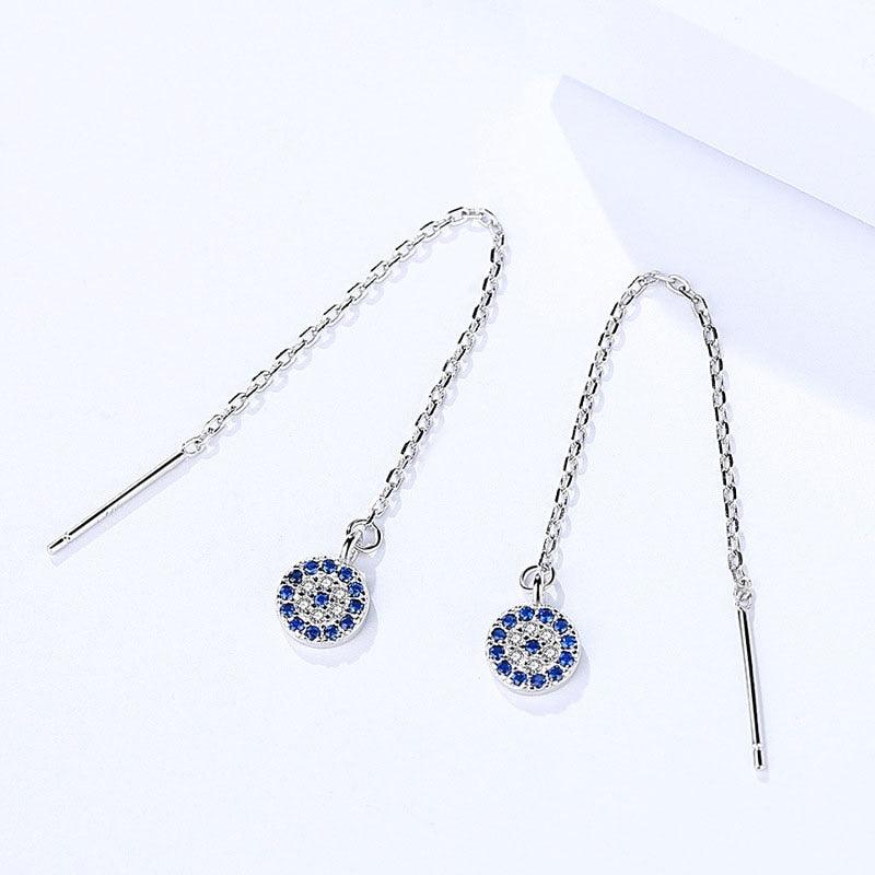925 Sterling Silver Bicycle Tire Drop Earrings with Blue Zirconia Stones, Trendy Long Ear Piece for Women - Personalized Jewel