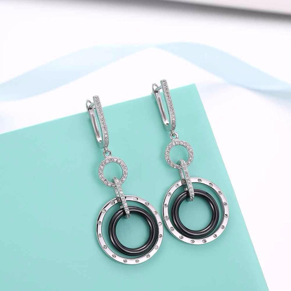 925 Sterling Silver Black Ceramic Round Drop Earring, Fashion Jewelry Gift for Women, Perfect Gift for Her - Personalized Jewel
