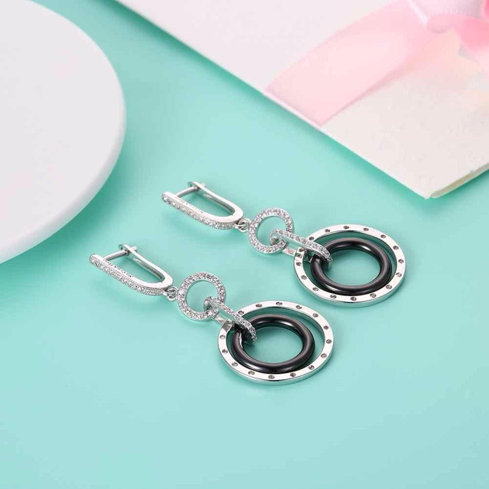 925 Sterling Silver Black Ceramic Round Drop Earring, Fashion Jewelry Gift for Women, Perfect Gift for Her - Personalized Jewel