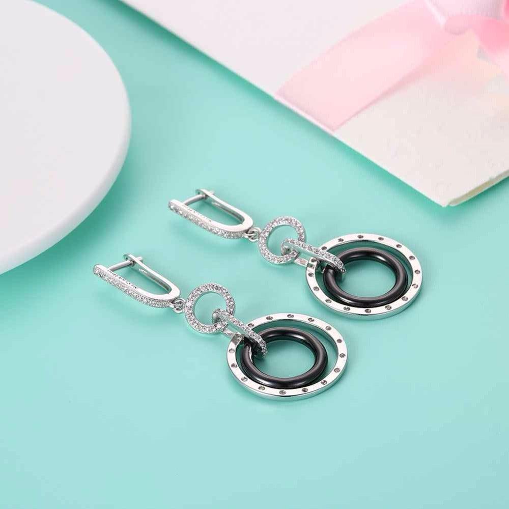 925 Sterling Silver Black Ceramic Round Drop Earring, Fashion Jewelry Gift for Women, Perfect Gift for Her - Personalized Jewel