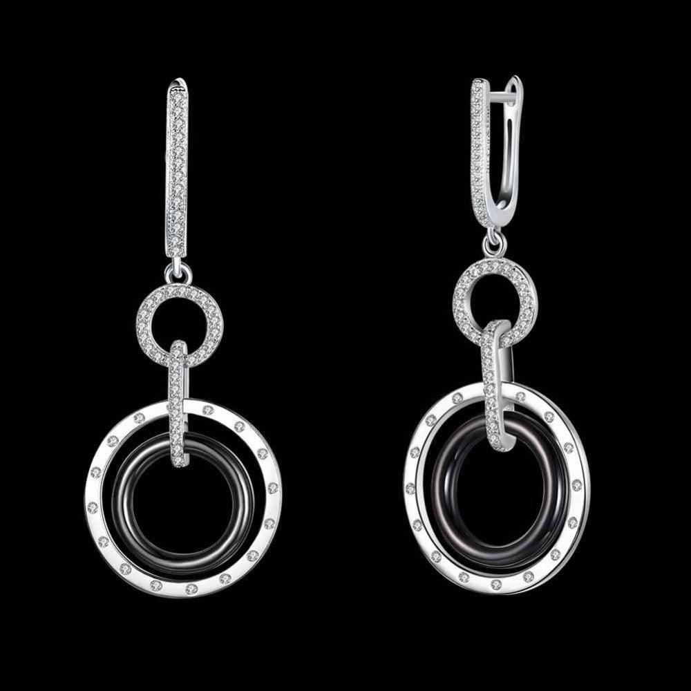925 Sterling Silver Black Ceramic Round Drop Earring, Fashion Jewelry Gift for Women, Perfect Gift for Her - Personalized Jewel