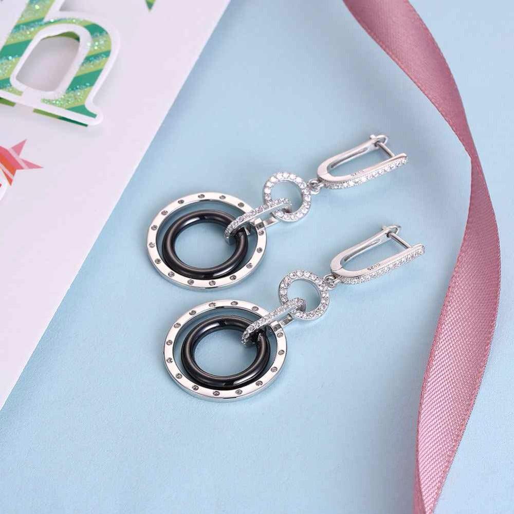 925 Sterling Silver Black Ceramic Round Drop Earring, Fashion Jewelry Gift for Women, Perfect Gift for Her - Personalized Jewel