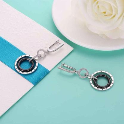 925 Sterling Silver Black Ceramic Round Drop Earring, Fashion Jewelry Gift for Women, Perfect Gift for Her - Personalized Jewel