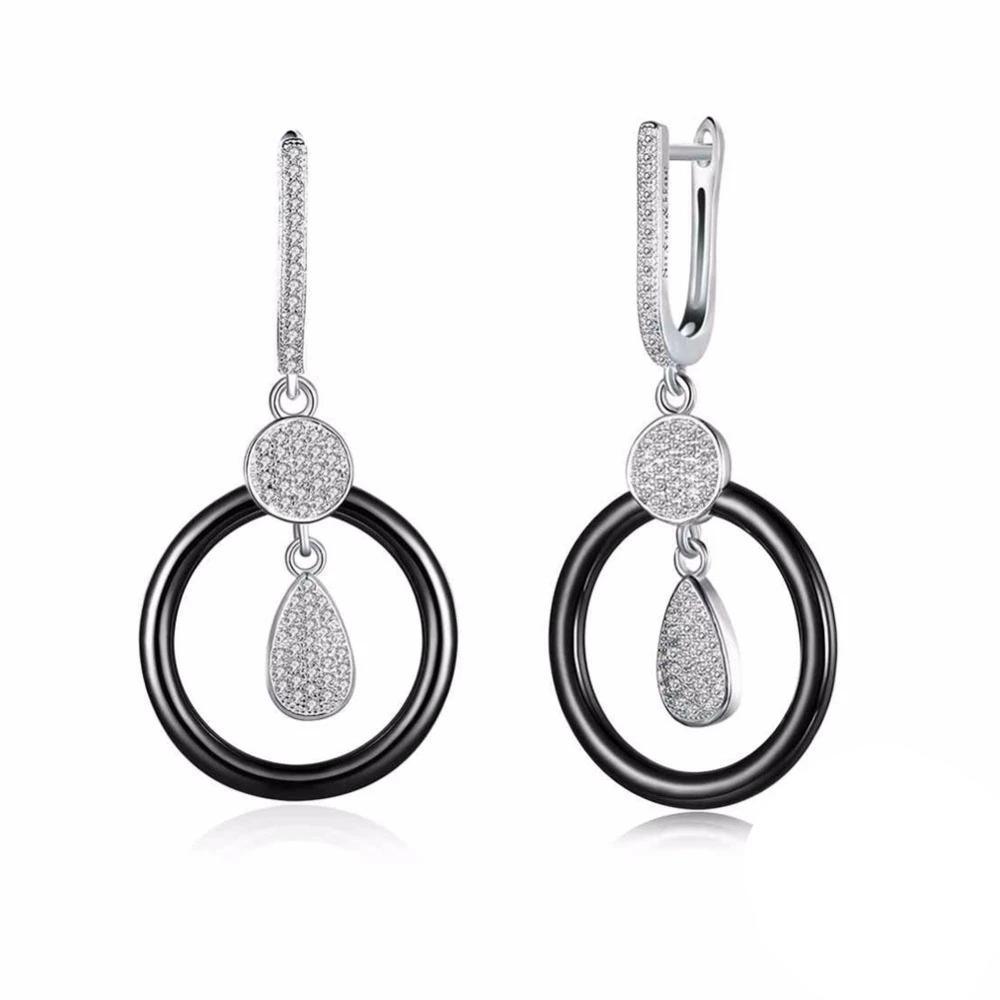 Sterling Silver Black Ceramic Round Drop Earring, Water Droplet Style Dangle Jewelry for Women-Personalized Jewels