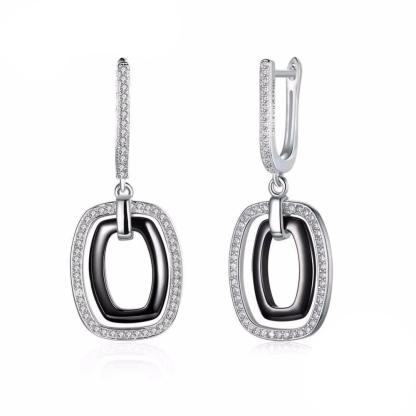 925 Sterling Silver Black Rectangular Drop Earring, Vintage Fashion Jewelry for Women, Gift for Her - Personalized Jewel