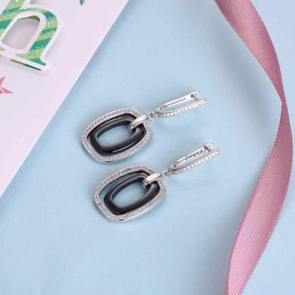 925 Sterling Silver Black Rectangular Drop Earring, Vintage Fashion Jewelry for Women, Gift for Her - Personalized Jewel