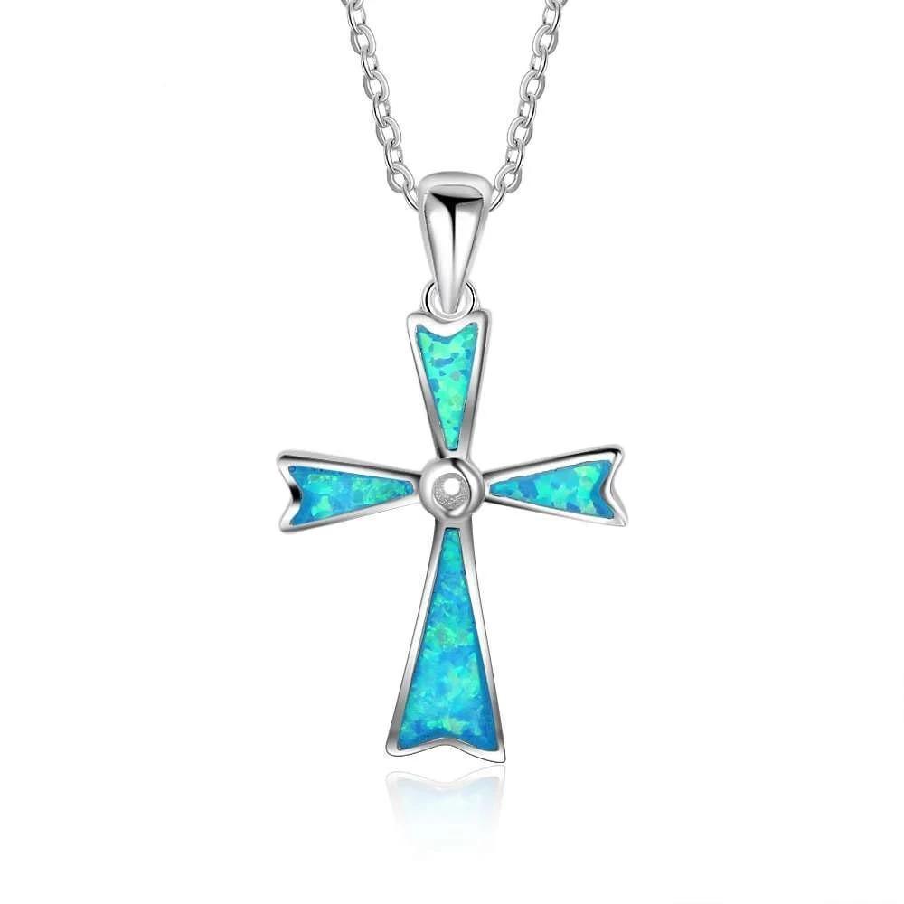 925 Sterling Silver Blue Opal Stone Cross Pendant Necklace, Unisex Jewelry Gift - Personalized Jewel
