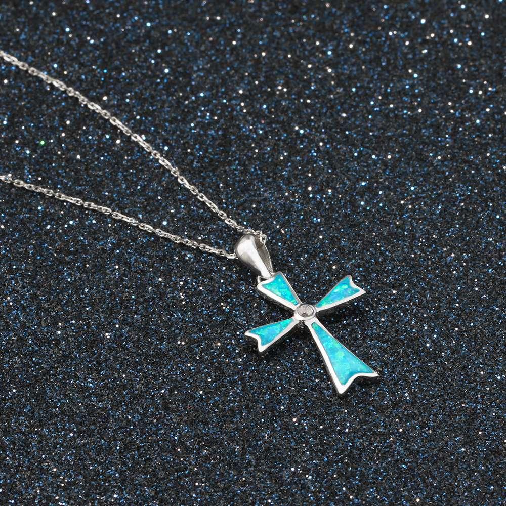 925 Sterling Silver Blue Opal Stone Cross Pendant Necklace, Unisex Jewelry Gift - Personalized Jewel