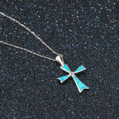 925 Sterling Silver Blue Opal Stone Cross Pendant Necklace, Unisex Jewelry Gift - Personalized Jewel
