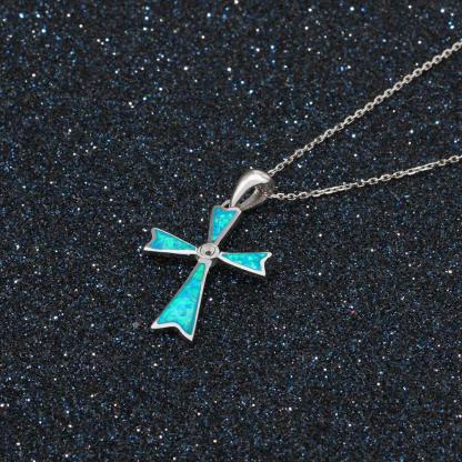 925 Sterling Silver Blue Opal Stone Cross Pendant Necklace, Unisex Jewelry Gift - Personalized Jewel