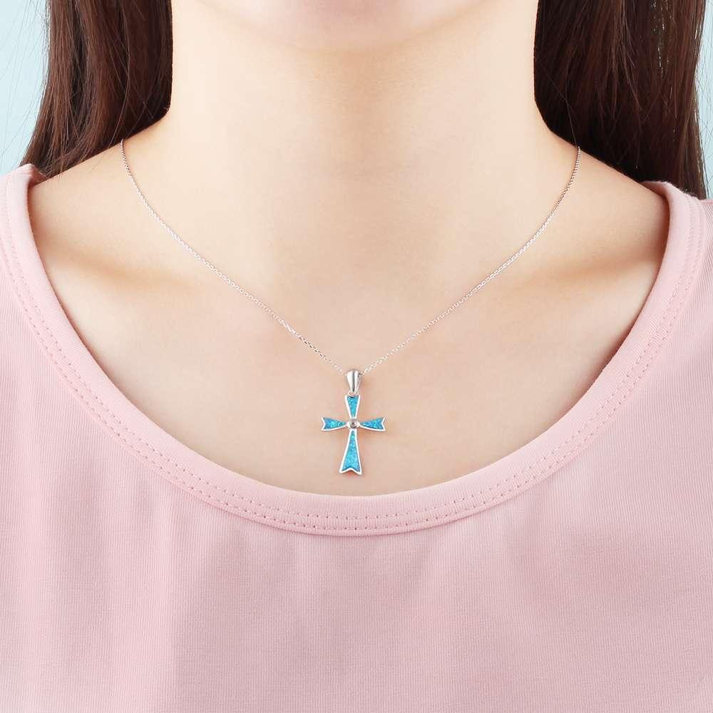 925 Sterling Silver Blue Opal Stone Cross Pendant Necklace, Unisex Jewelry Gift - Personalized Jewel