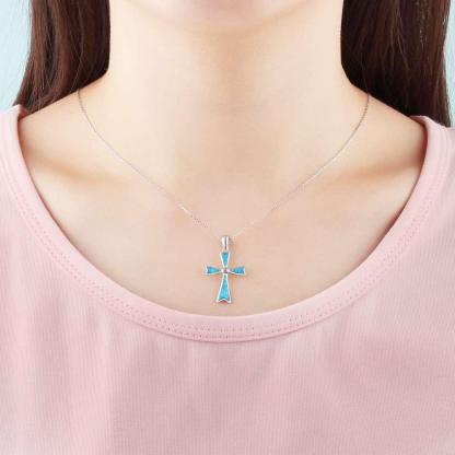 925 Sterling Silver Blue Opal Stone Cross Pendant Necklace, Unisex Jewelry Gift - Personalized Jewel