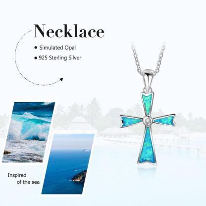 925 Sterling Silver Blue Opal Stone Cross Pendant Necklace, Unisex Jewelry Gift - Personalized Jewel