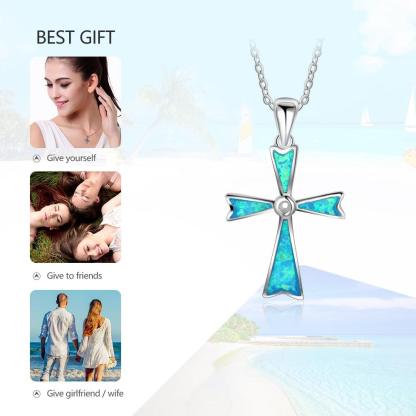 925 Sterling Silver Blue Opal Stone Cross Pendant Necklace, Unisex Jewelry Gift - Personalized Jewel
