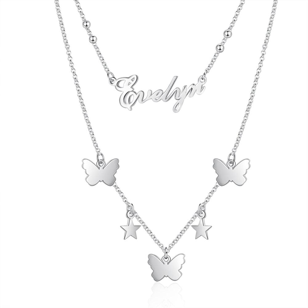 925 Sterling Silver Butterfly Necklace with Customized Nameplate for Women - Personalized Jewel