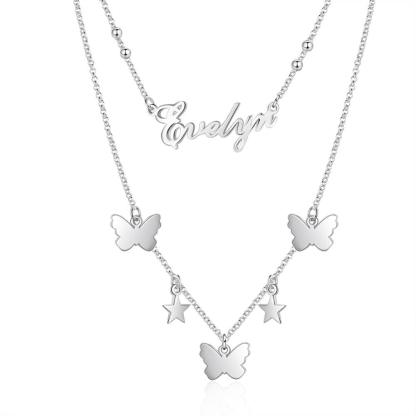 925 Sterling Silver Butterfly Necklace with Customized Nameplate for Women - Personalized Jewel