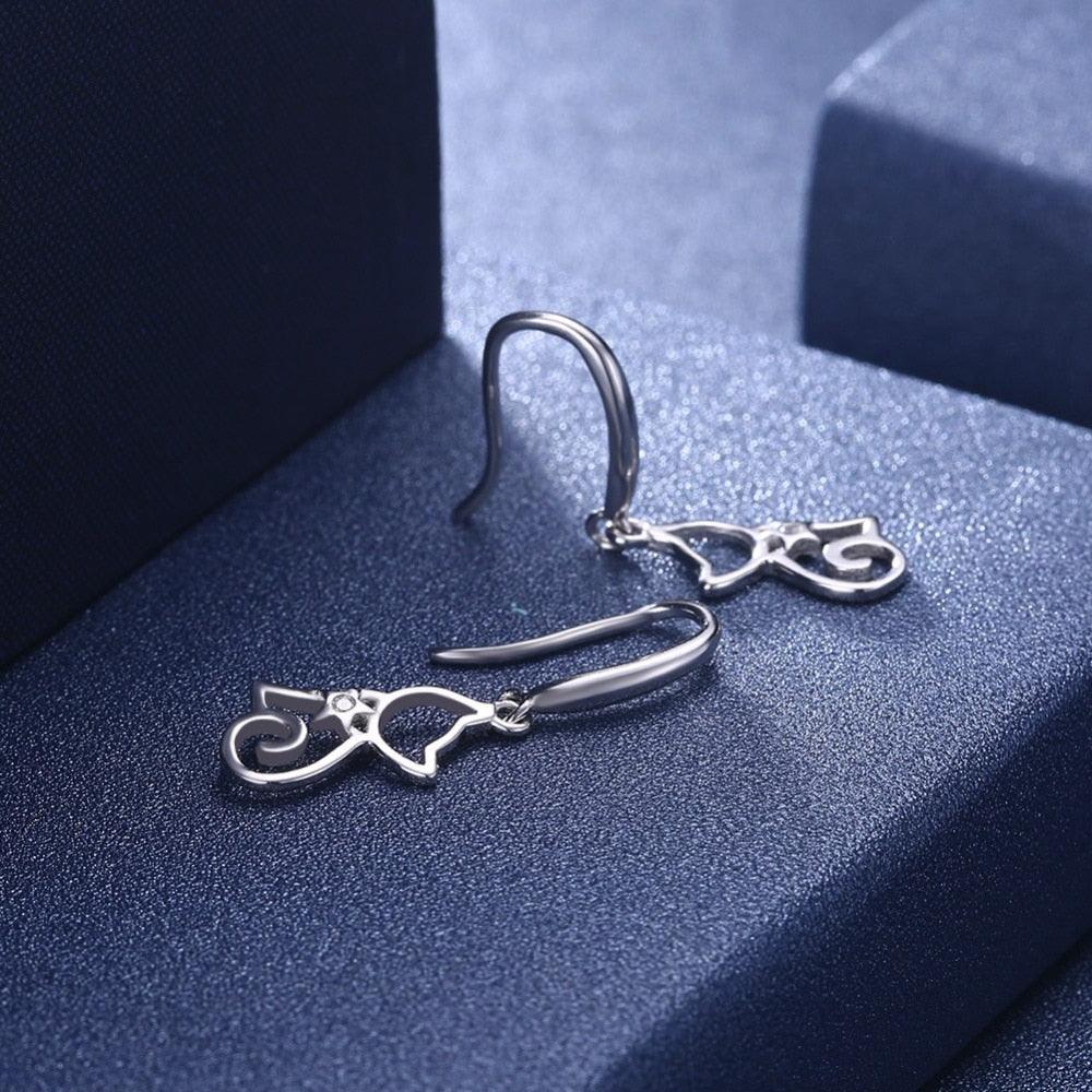 925 Sterling Silver Cat Drop Earrings - Personalized Jewel