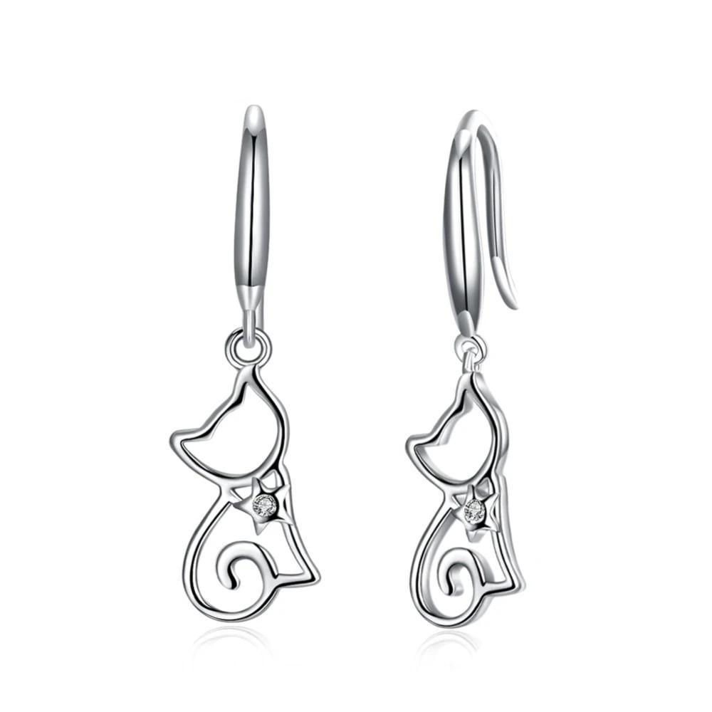 925 Sterling Silver Cat Drop Earrings-Personalized Jewels