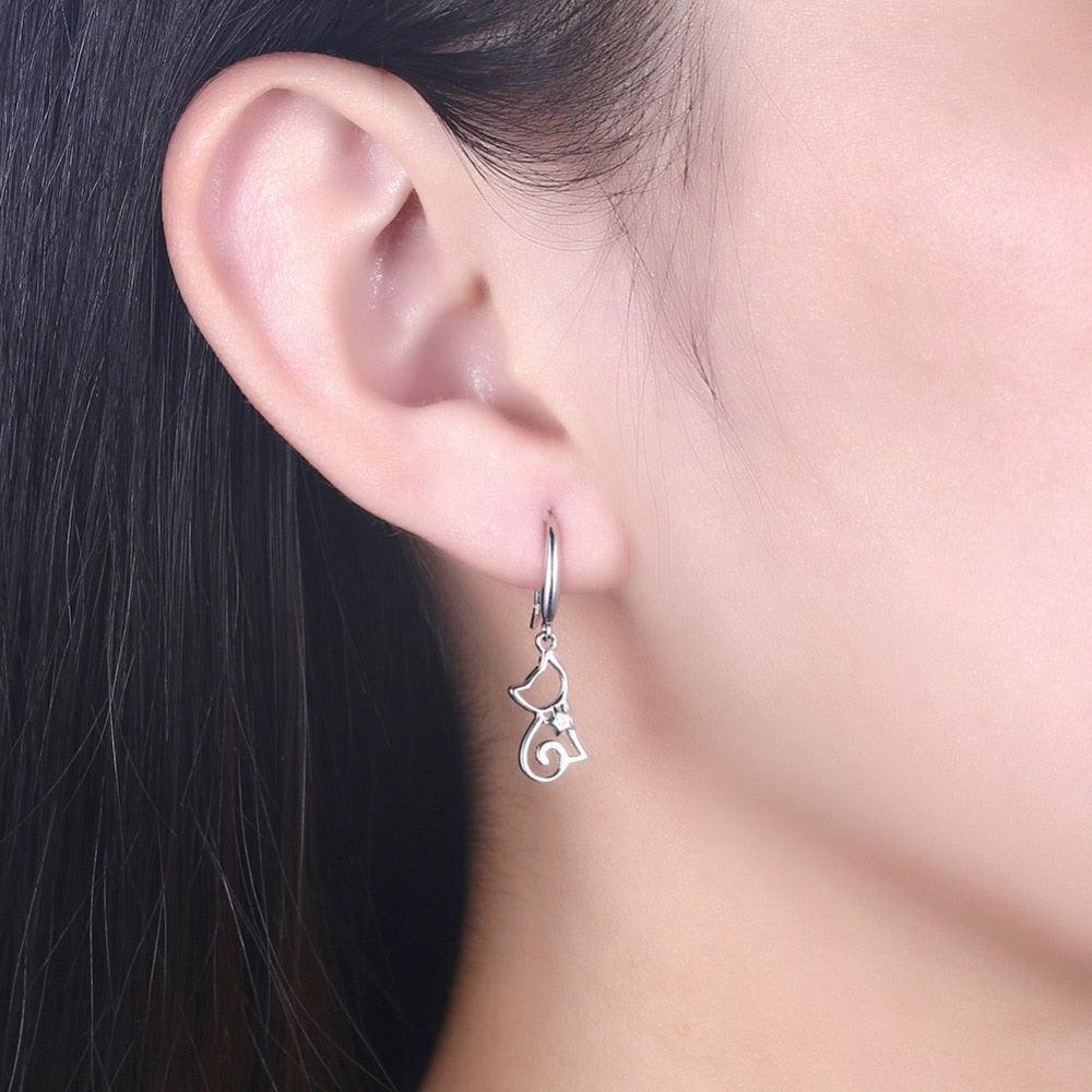 925 Sterling Silver Cat Drop Earrings - Personalized Jewel