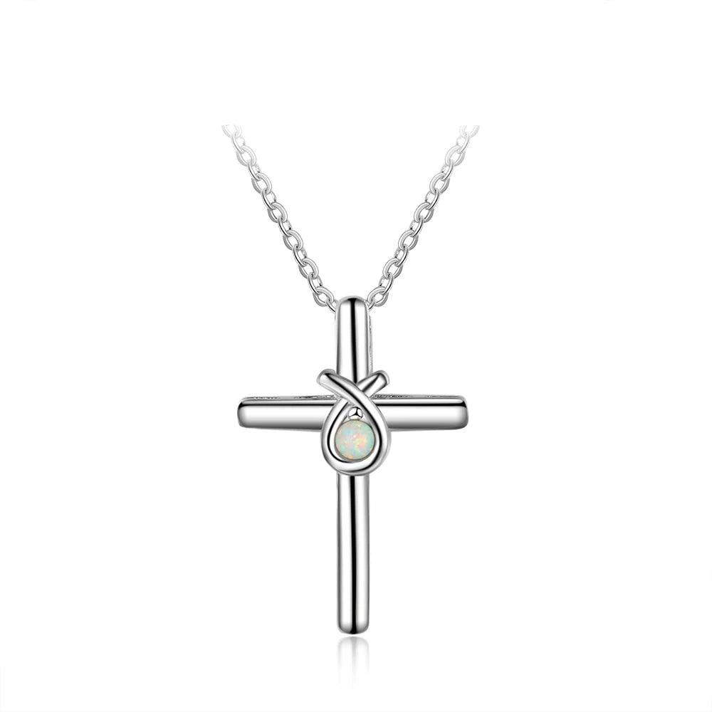 925 Sterling Silver Cross Shape with White Opal Stone Pendant Necklaces for Women - Personalized Jewel